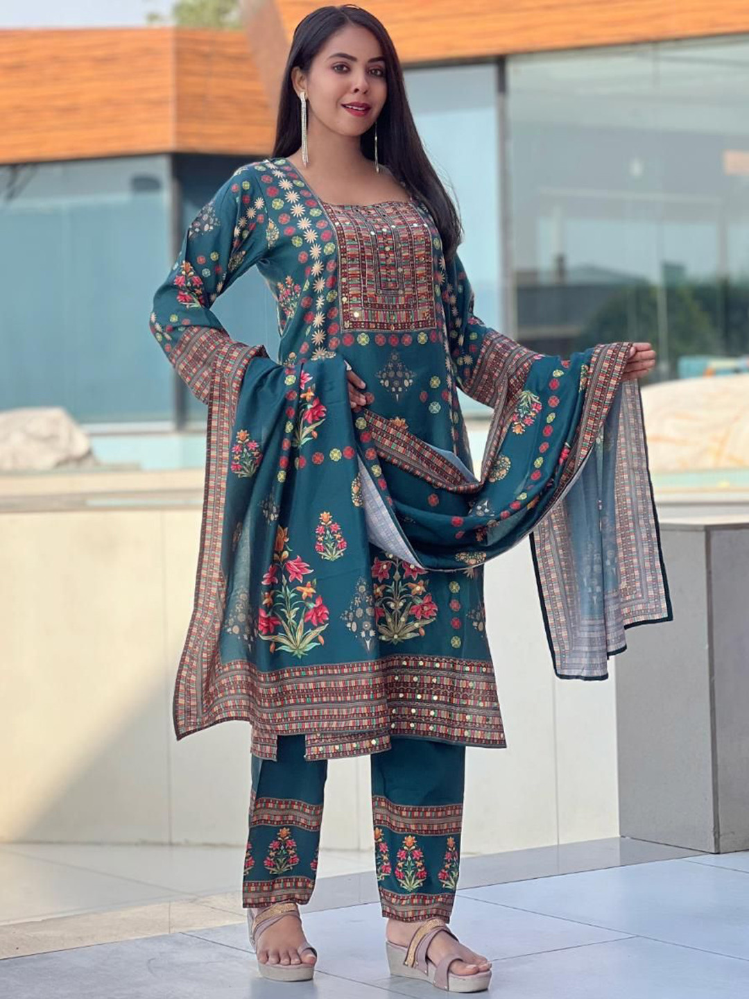 BINDUDI Floral Printed Square Neck Mirror Work Muslin Straight Kurta With Trouser & Dupatta