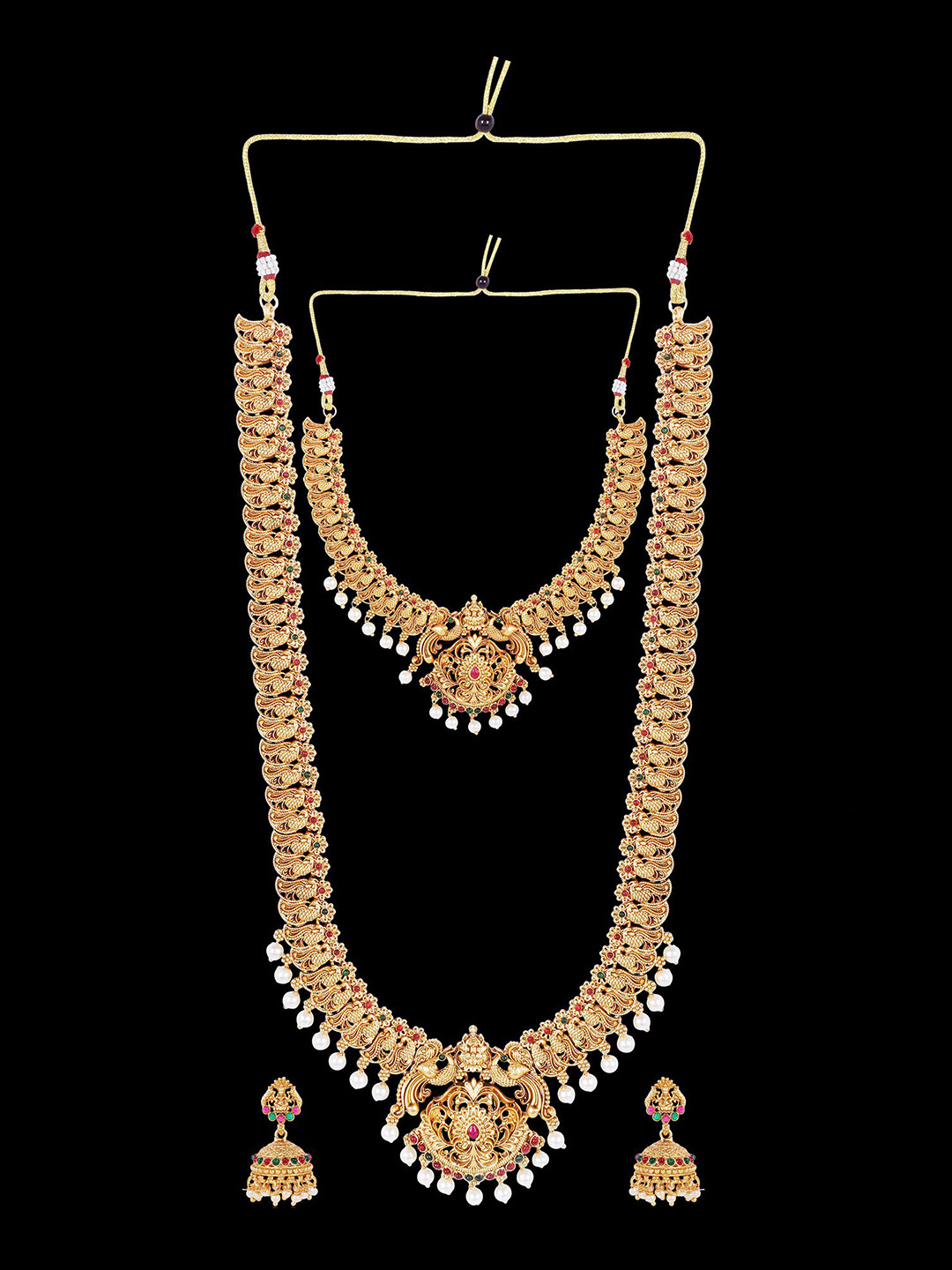 JANAVI Gold-Plated Stone Studded & Beaded Lakshmi Goddess Jewellery Set