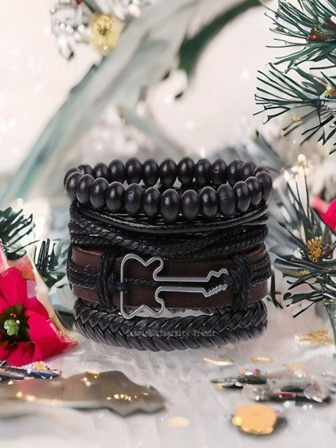 Ringzinnie Men Leather Artificial Beaded Guitar Wrap Black Layered Multistrand Bracelet