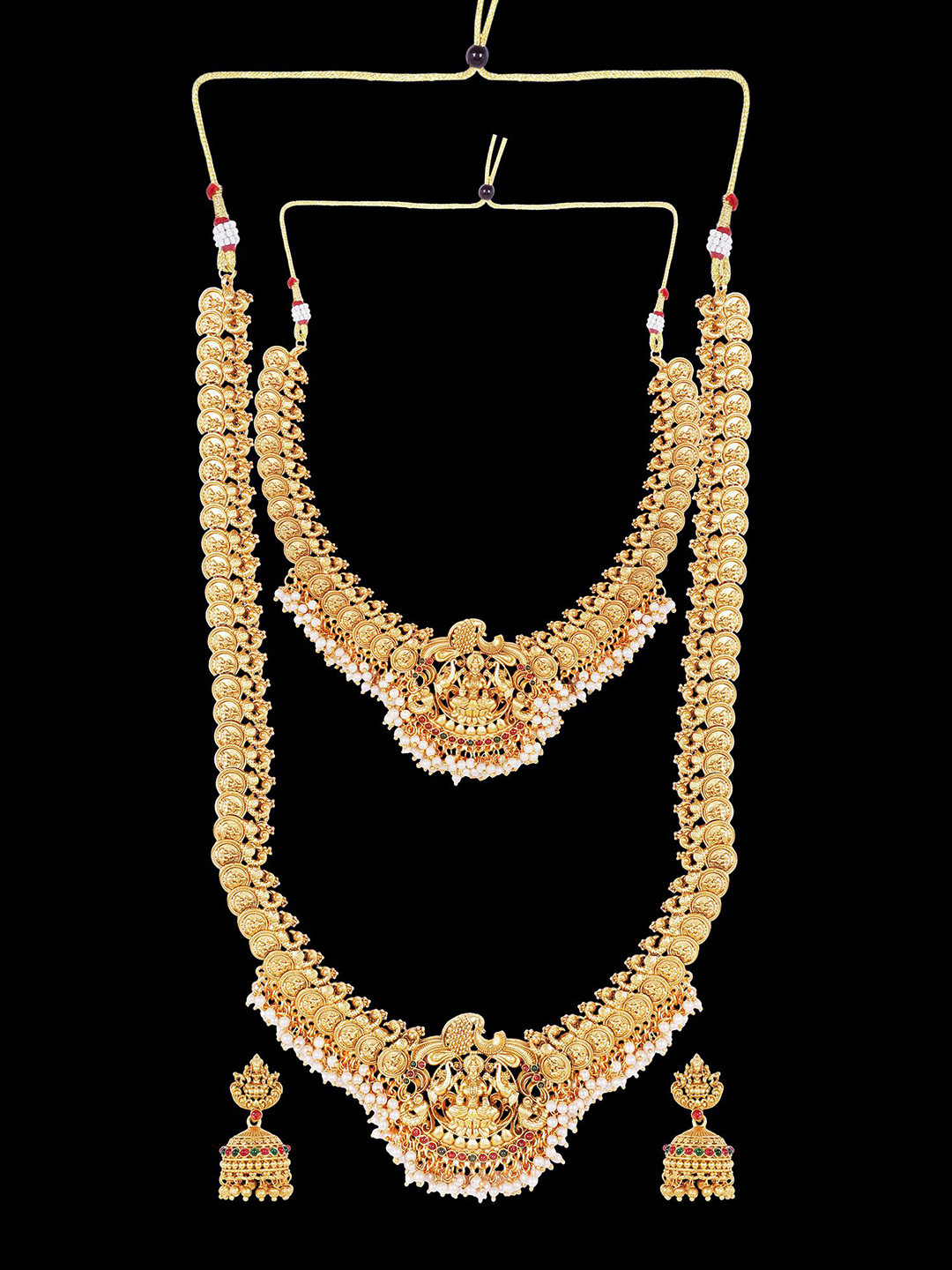 JANAVI Gold-Plated Stone Studded & Beaded Lakshmi Goddess Jewellery Set