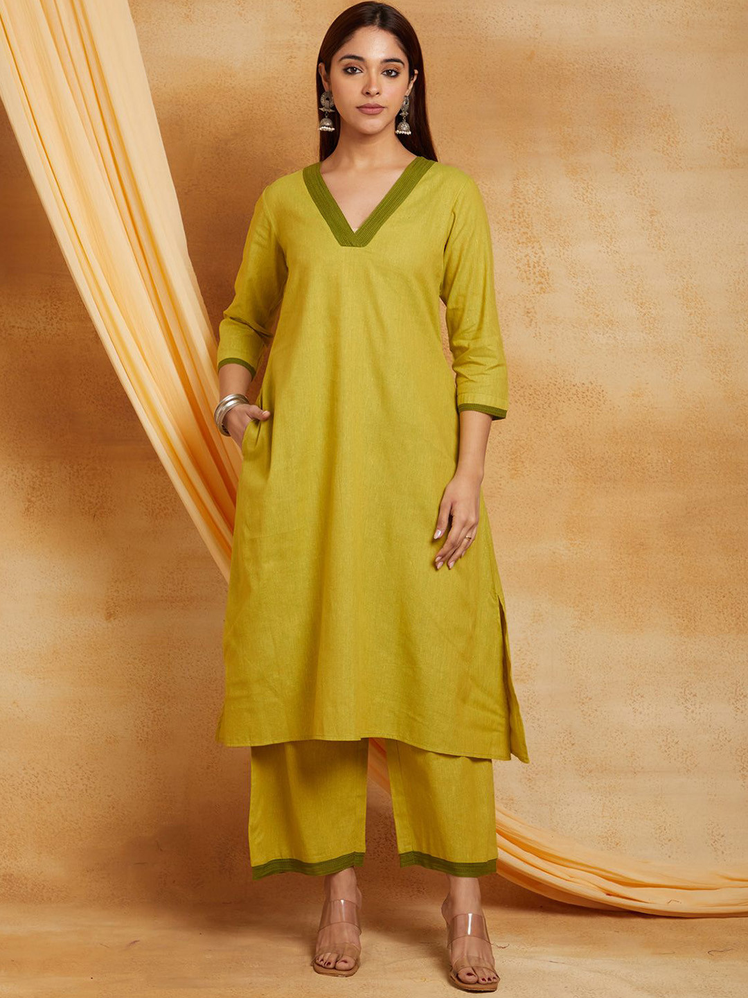 CYAN Managalgiri V-Neck Pure Cotton Straight Kurta With Palazzos