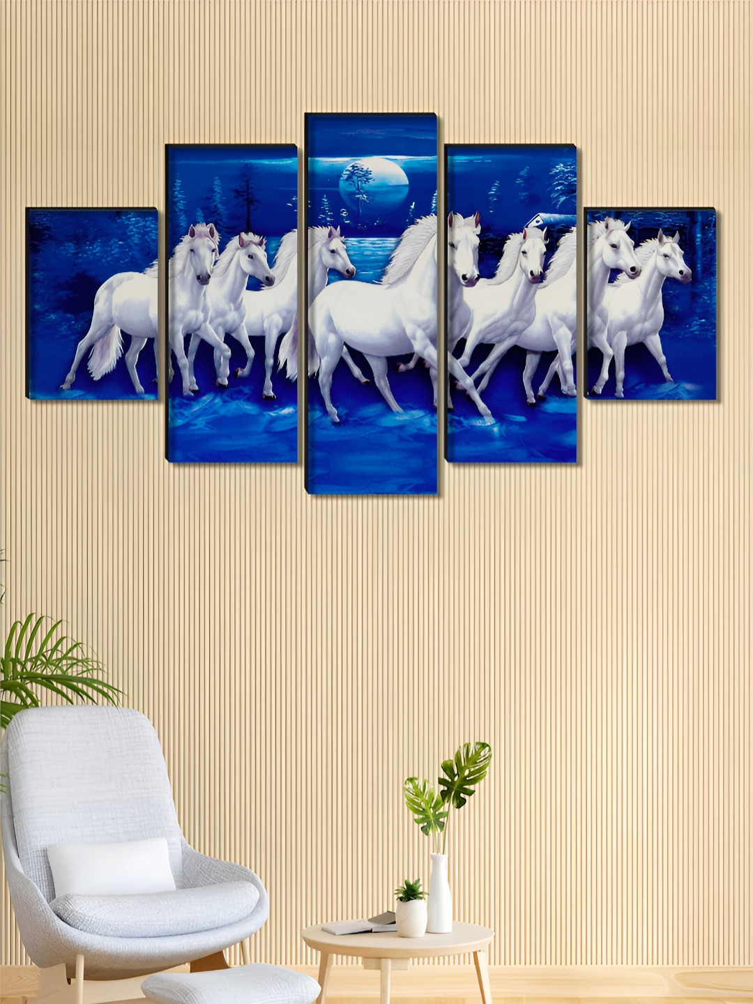SAF Blue & White 5 Pieces Birds And Animals Seven Running Horse Printed Wooden Wall Art