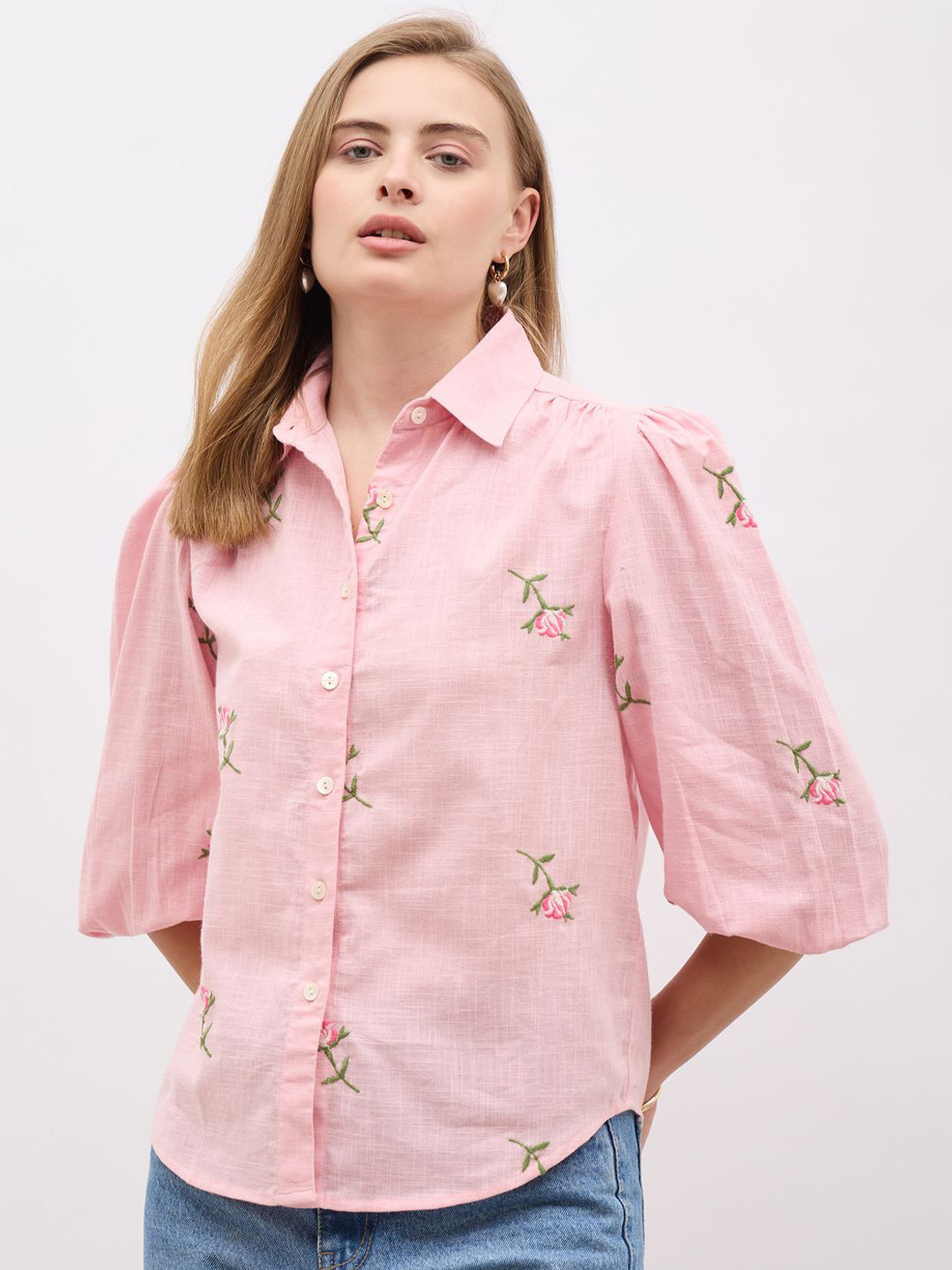 Styli Women Women Allover Emboidered Shirt With Balloon Sleeves