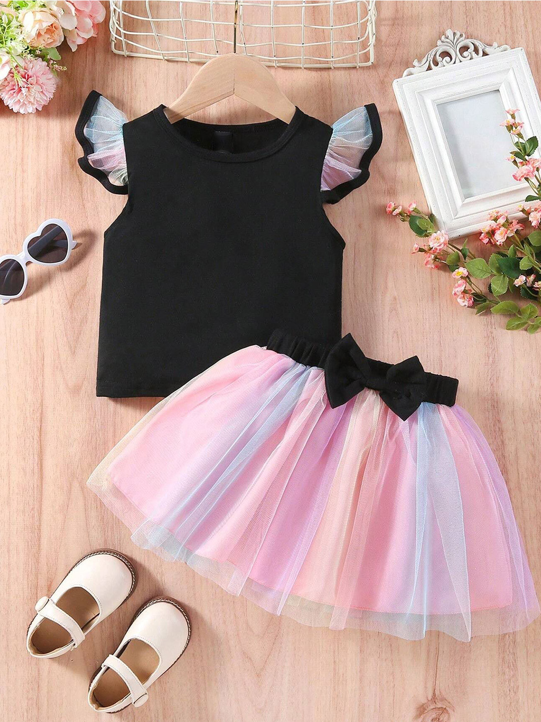 BAESD Girl's Flutter Sleeve Top and Tulle Skirt Set Outfit with Bow