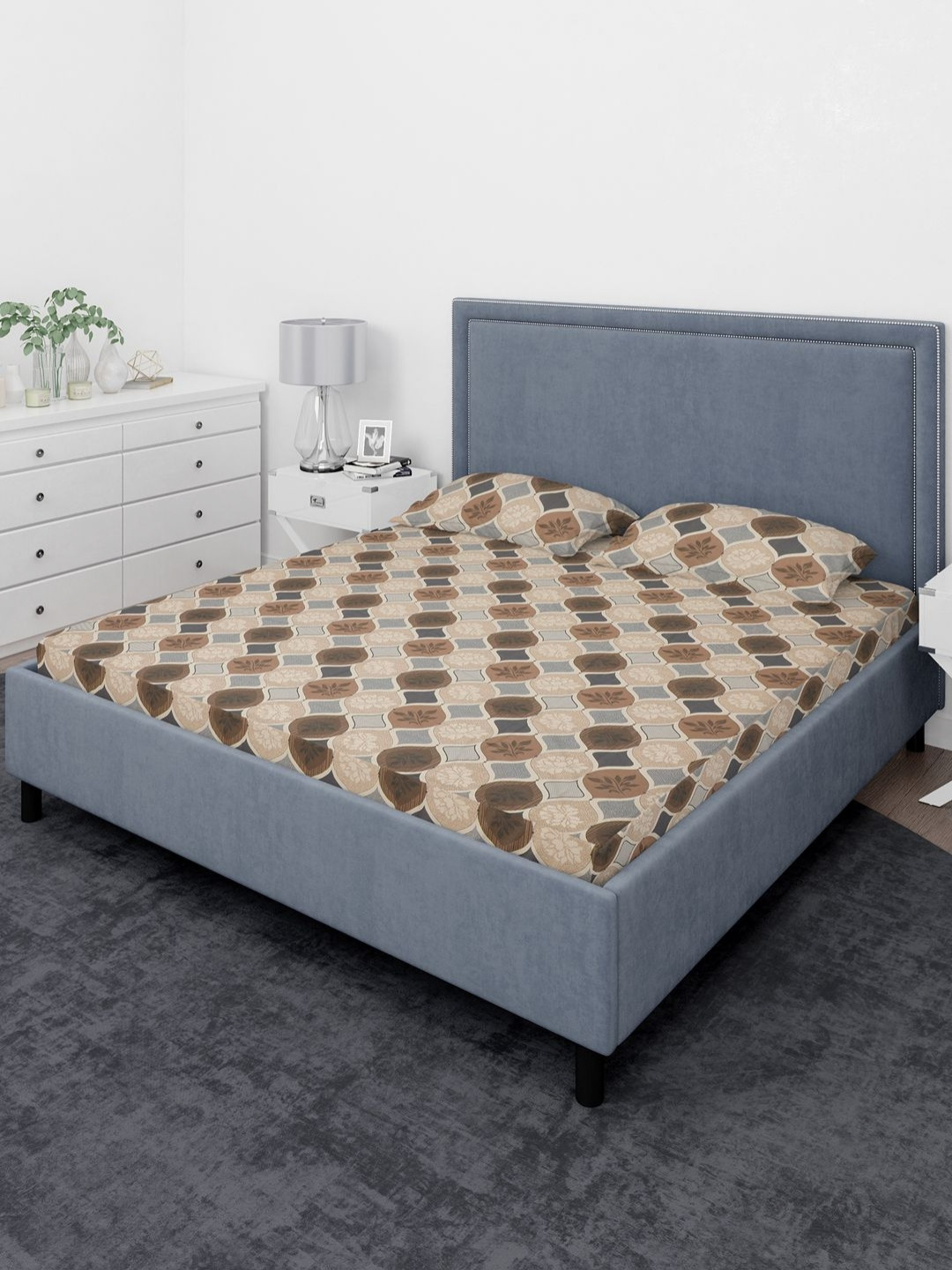 THE CONVERSION Beige Ethnic Motifs Cotton 210 TC Fitted Queen Fine Bedsheet with 2 Pillow Covers-90 x 100 inches