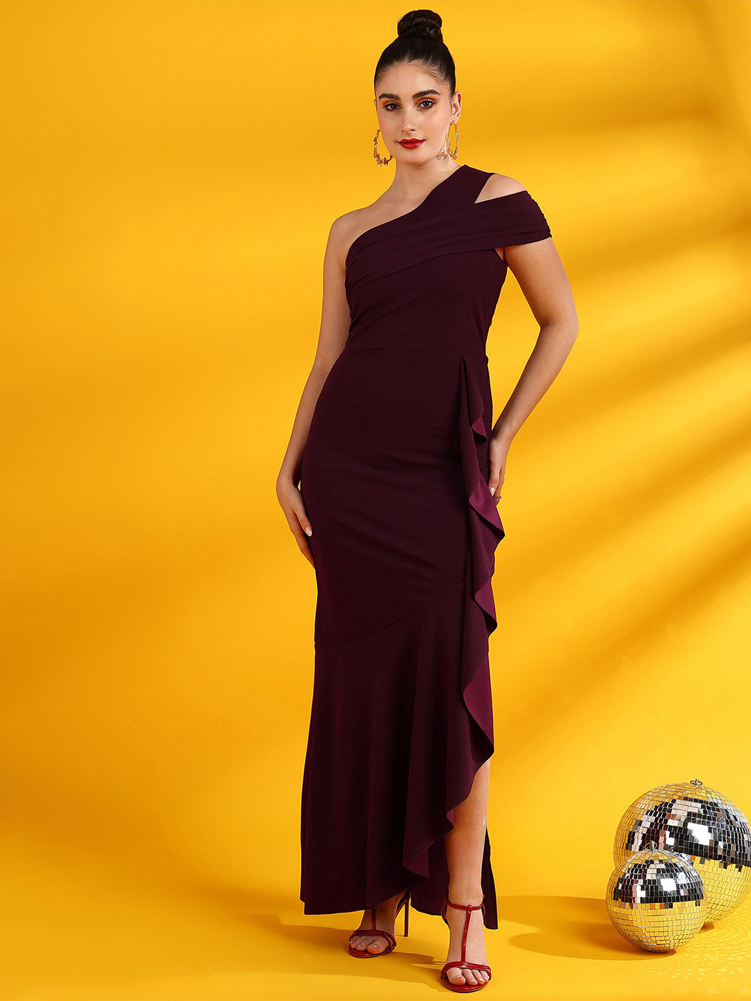 Golden Kite One Shoulder Ruffled Scuba Maxi Dress