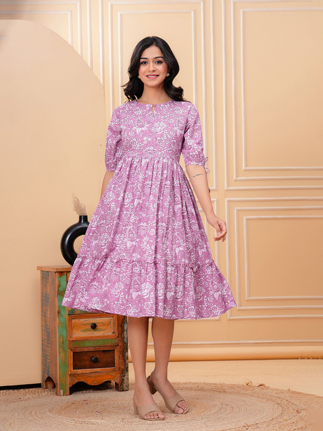 Twirl Tales Women Floral Printed Gathered or Pleated Puff Sleeve A-Line Midi Dress