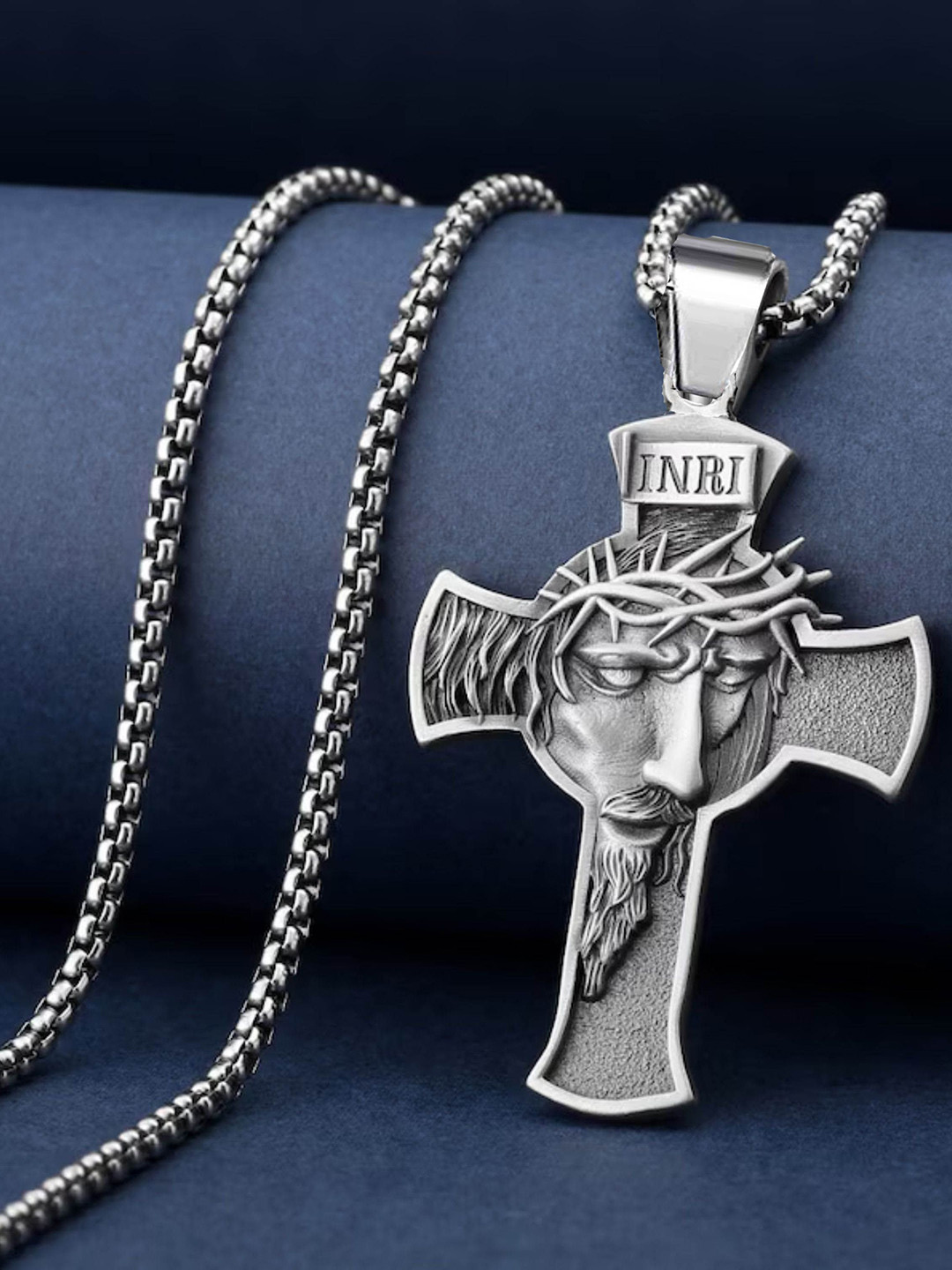 M Men Style Men Rhodium-Plated Contemporary Religious Jesus Cross Pendants with Chains