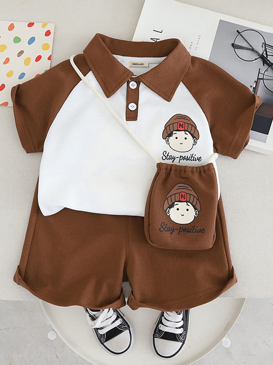 INCLUD Girls Printed Short Raglan Sleeves T-Shirt With Shorts & Sling Bag