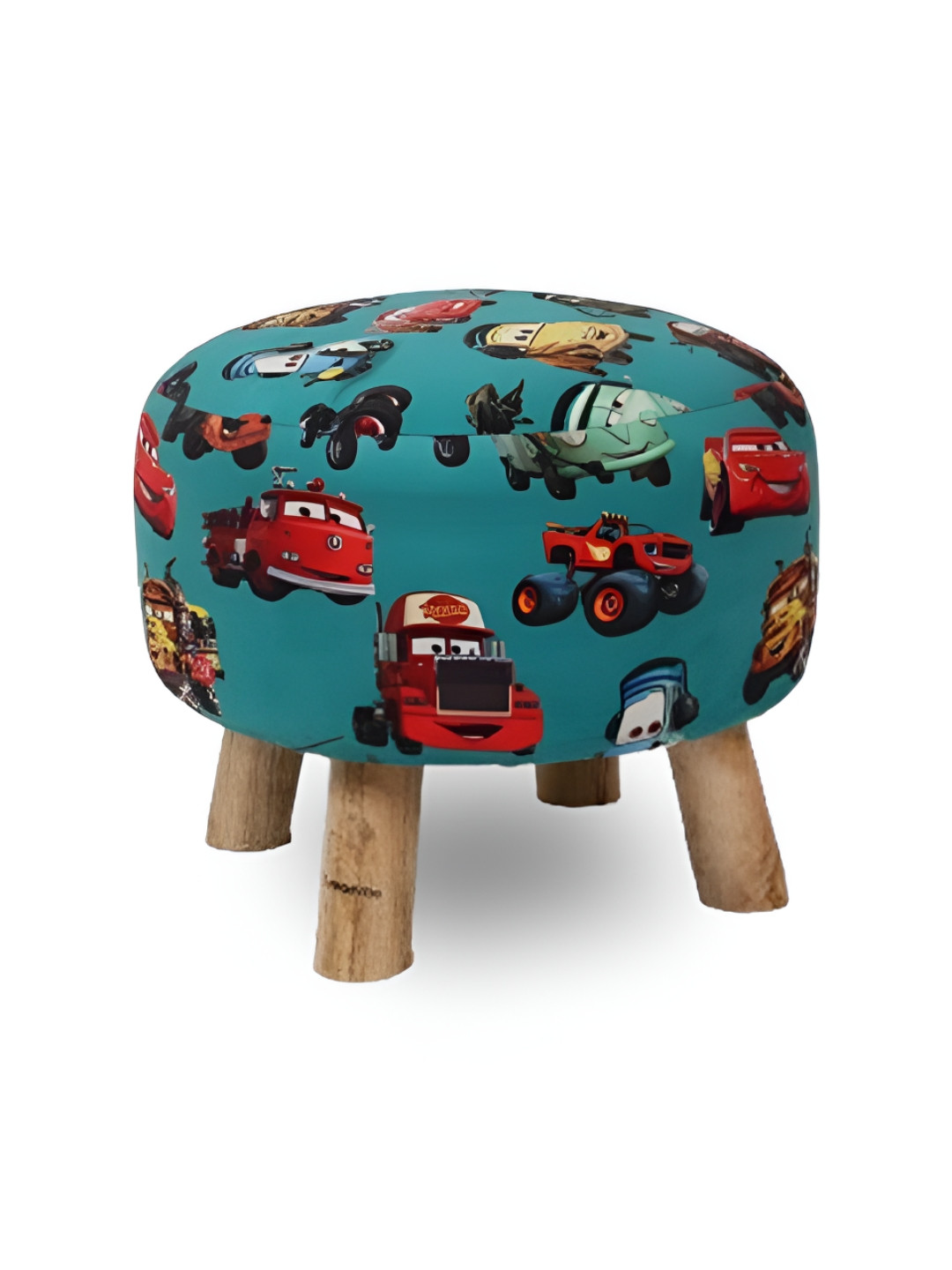 THREADVIBE LIVING Blue & Red Car On The Road Printed Wooden & Velvet Round Ottoman