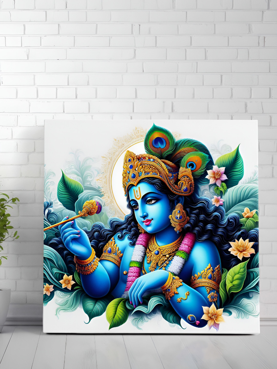 Livin'luxe White & Blue Lord Krishna Canvas Religious Wall Art