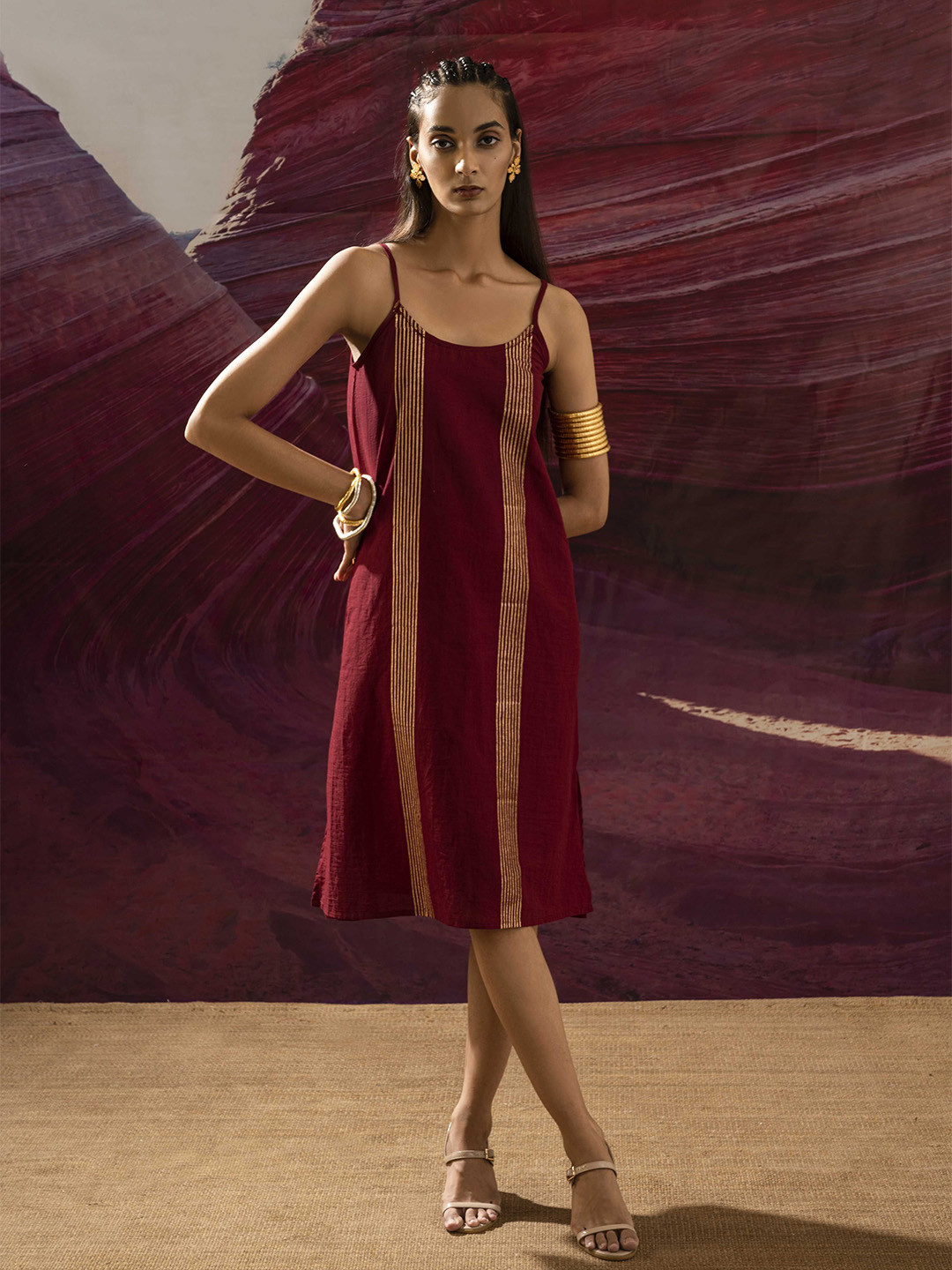 Banana Labs Shoulder Straps Striped Cotton A-Line Dress and Shrug