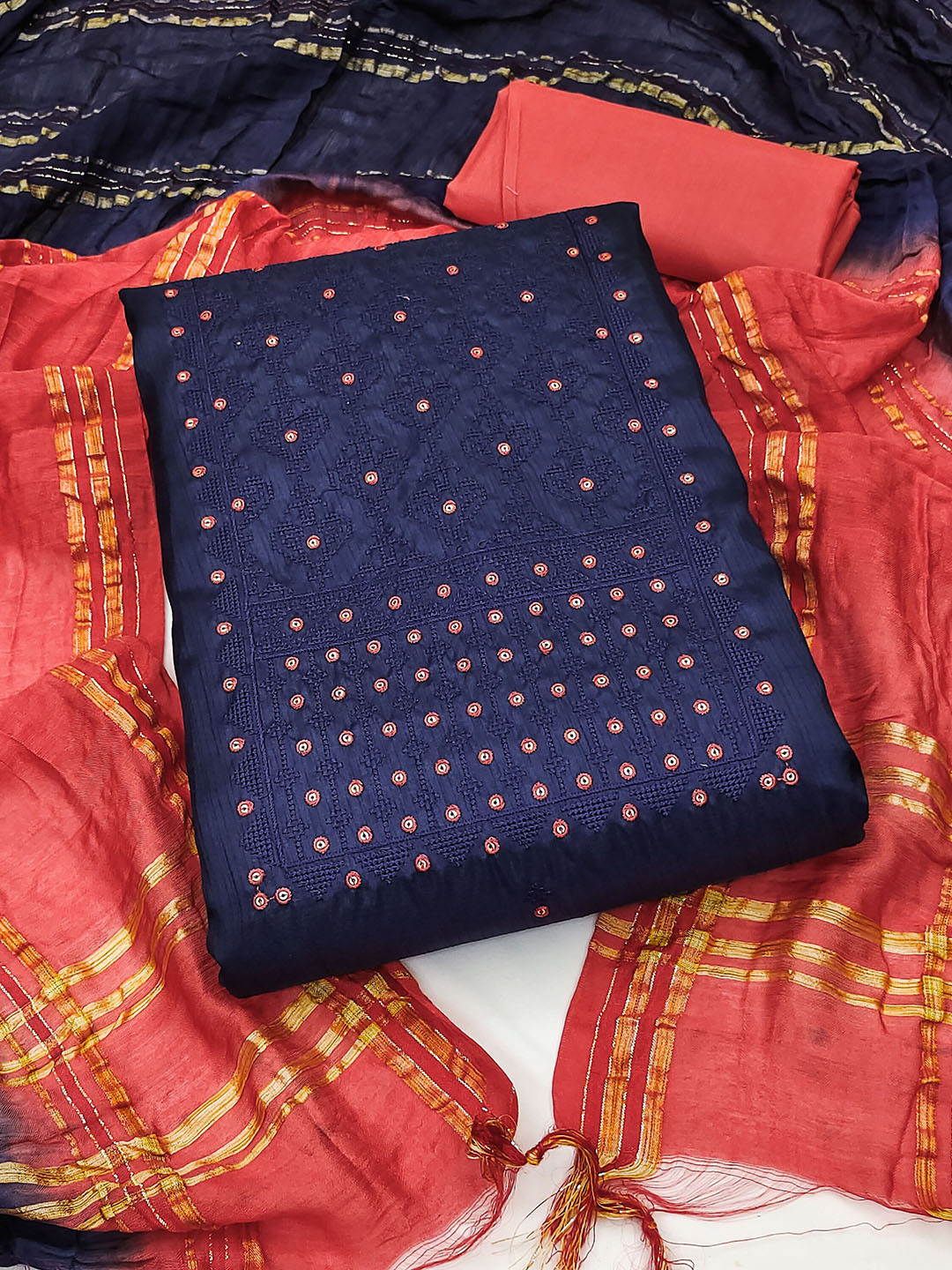 HERE&NOW Ethnic Motifs Embroidered Sequinned Coco Silk Unstitched Dress Material