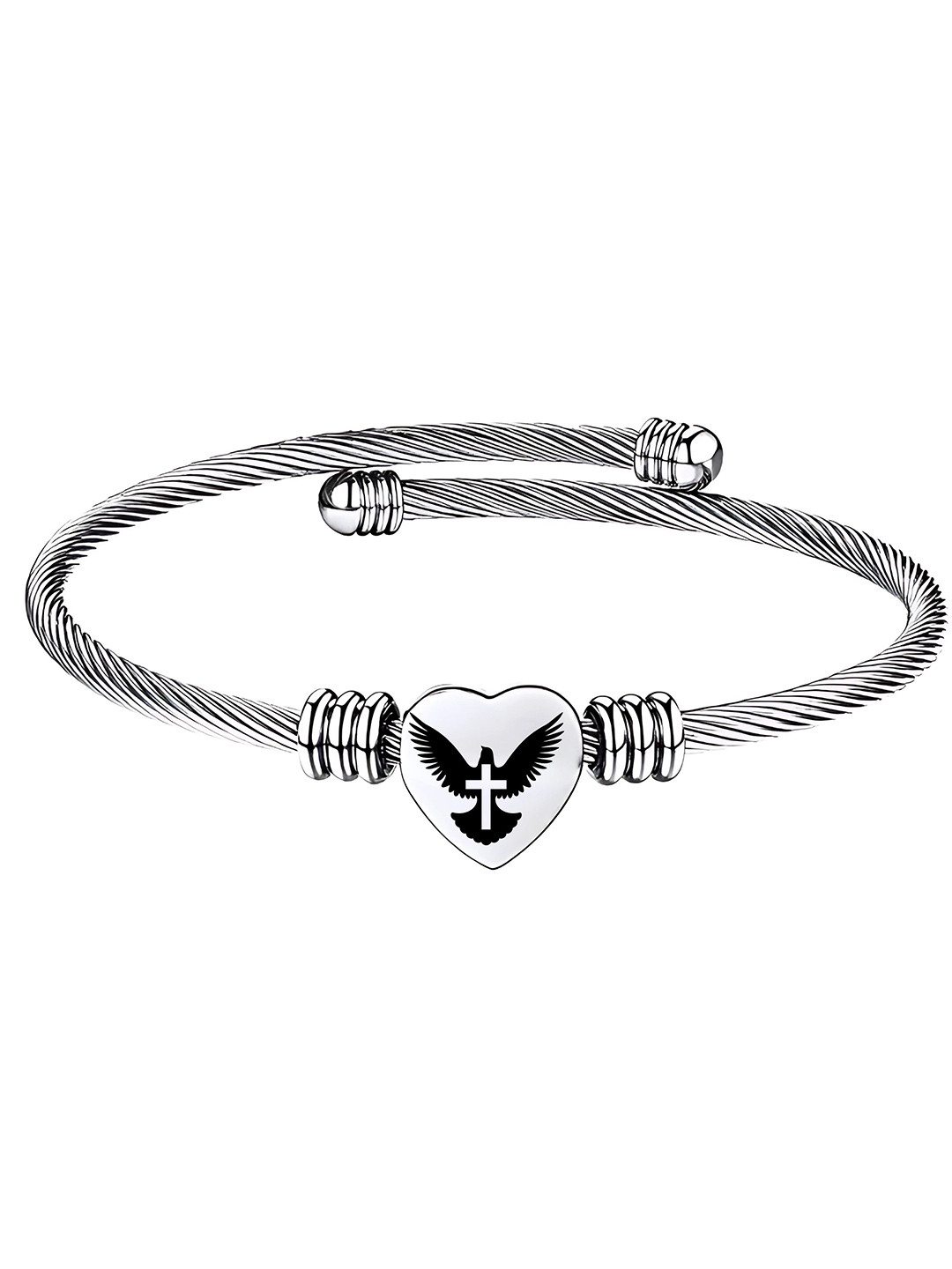 M Men Style Men Stainless Steel Silver-Plated Heart Kada Bracelet