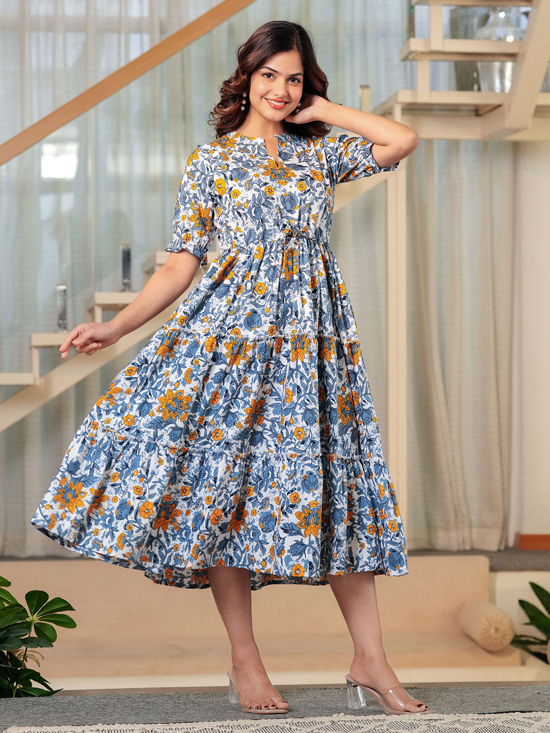 Twirl Tales Women Floral Printed Fit and Flare Midi Dress With Gathered and Pleated