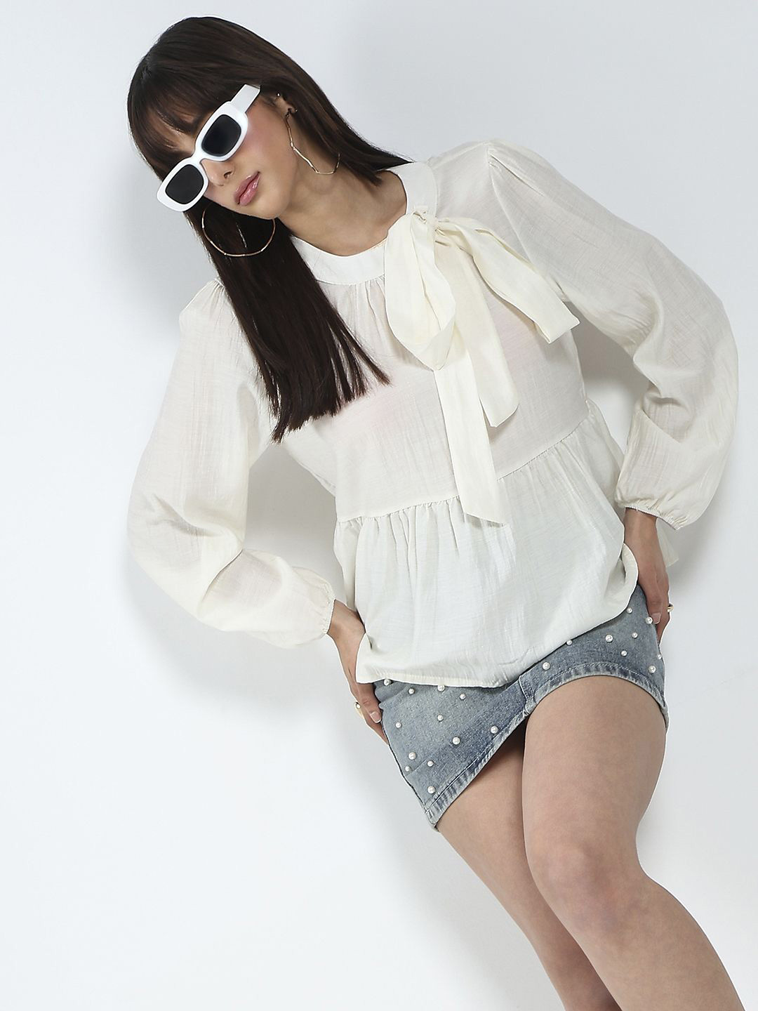 StyleCast X SERA Solid Bishop Sleeves Regular Peplum Top