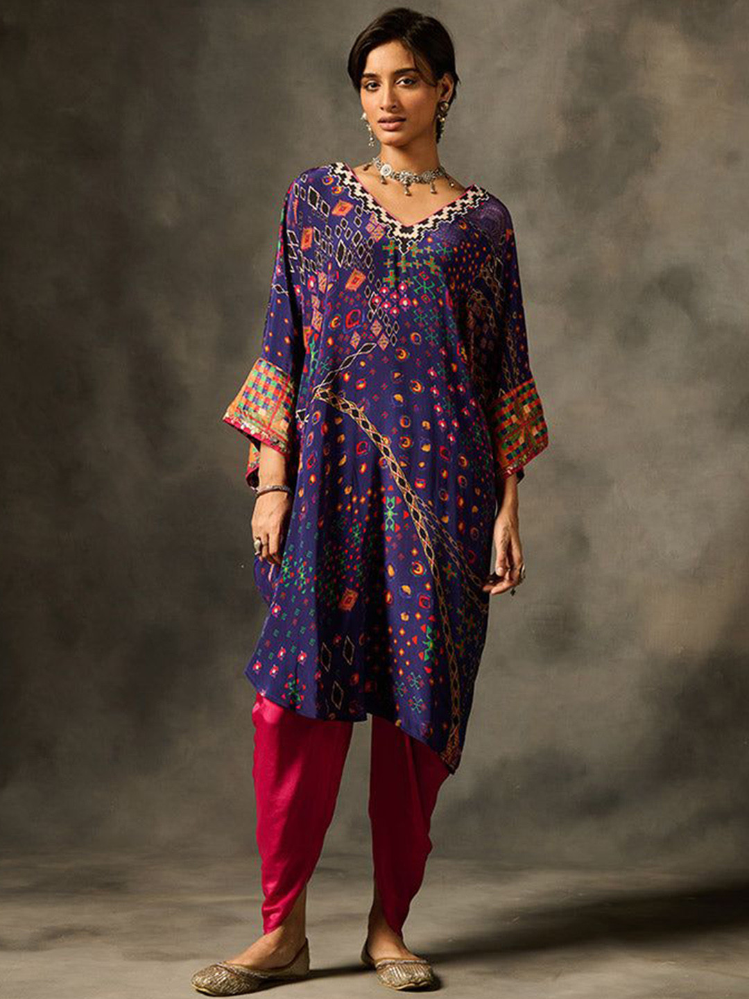 SAUNDH Rumi Abstract Printed V-Neck Flared Sleeves Fusion Kurta With Dhoti Pants