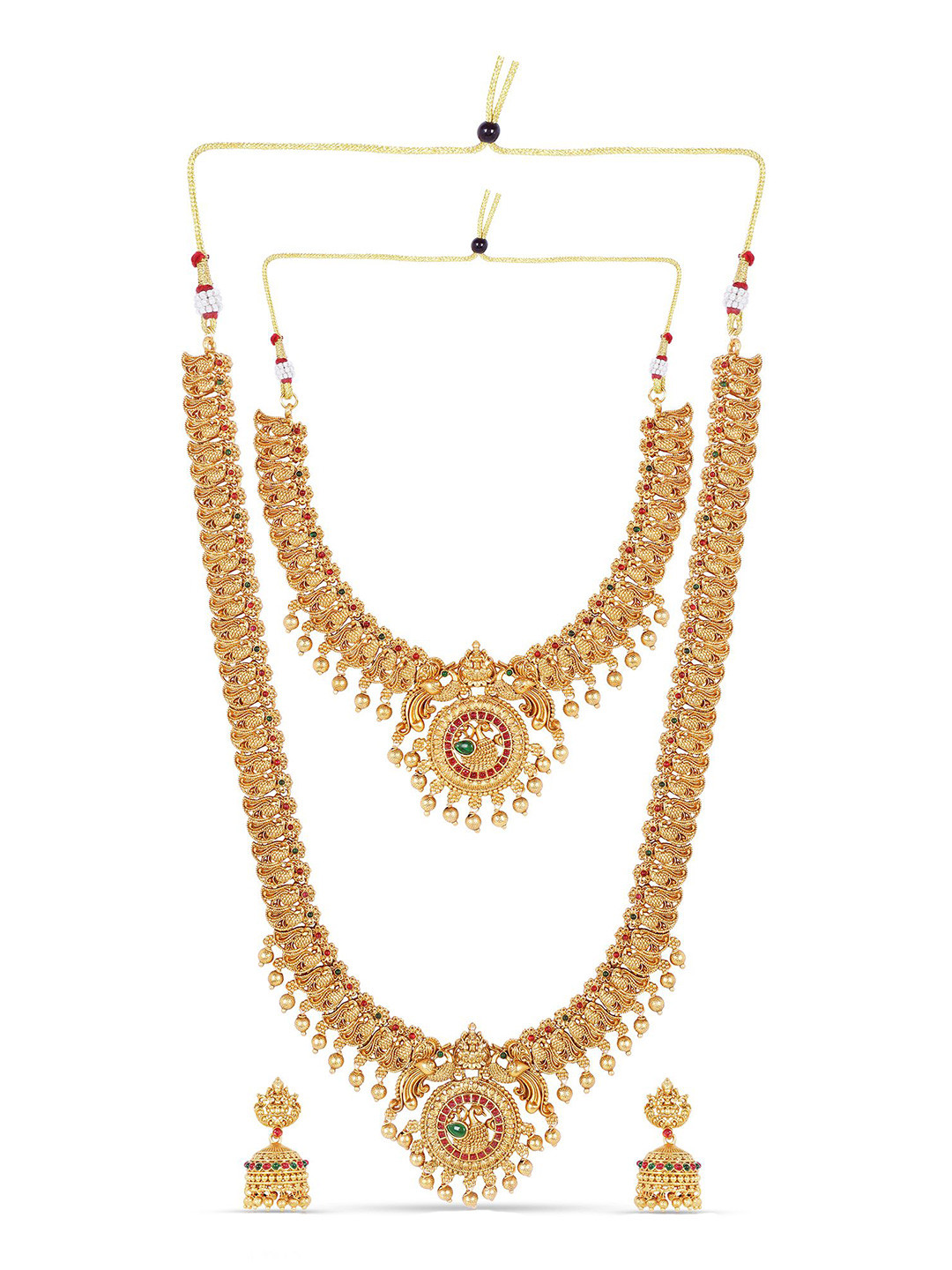 JANAVI Gold-Plated Stone Studded & Beaded Lakshmi Goddess Jewellery Set