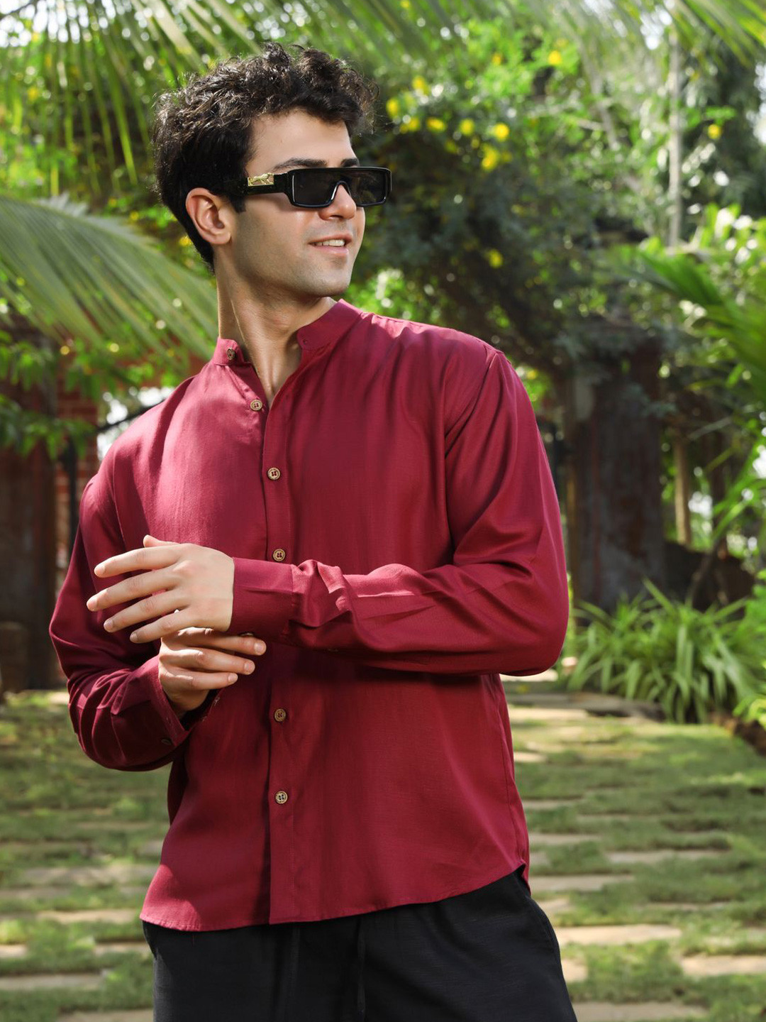 ROAR FOR GOOD Mandarin Collar Regular Fit Coconut Button Shirt