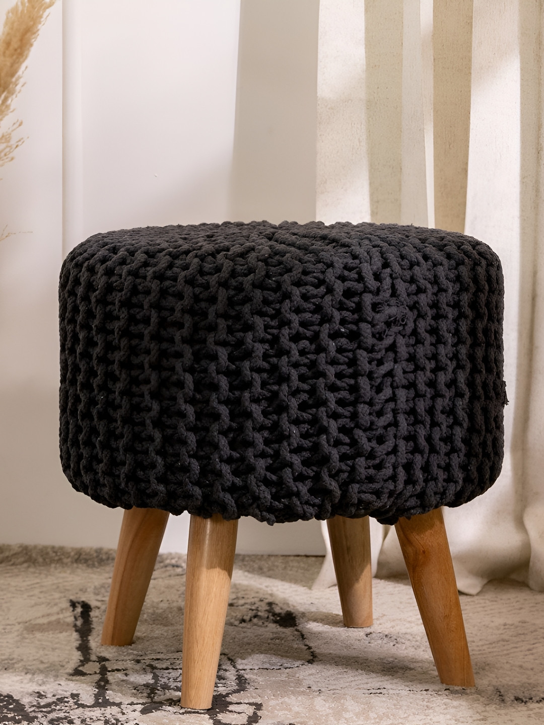 THREADVIBE LIVING Grey & Brown Wooden & Velvet Round Ottoman