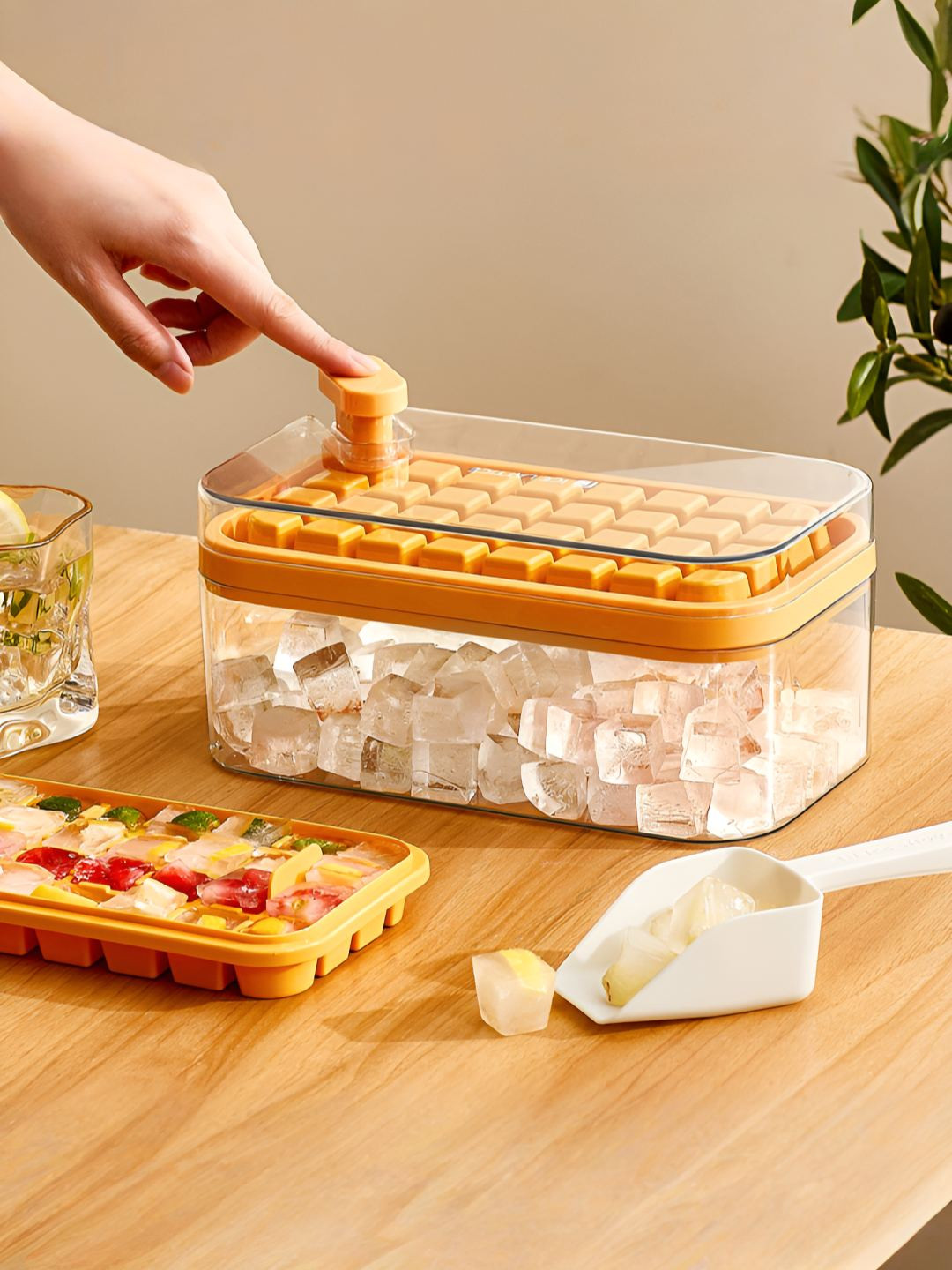 The Better Home Orange Colored 2 Layer Ice Mould With Storage Box & Ice Scoop