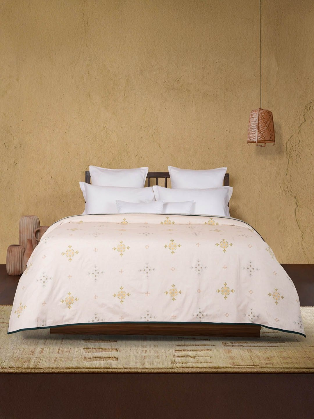 MYTRIDENT Sanskriti Beige & Green Printed Cotton AC Room Double Bed Dohar