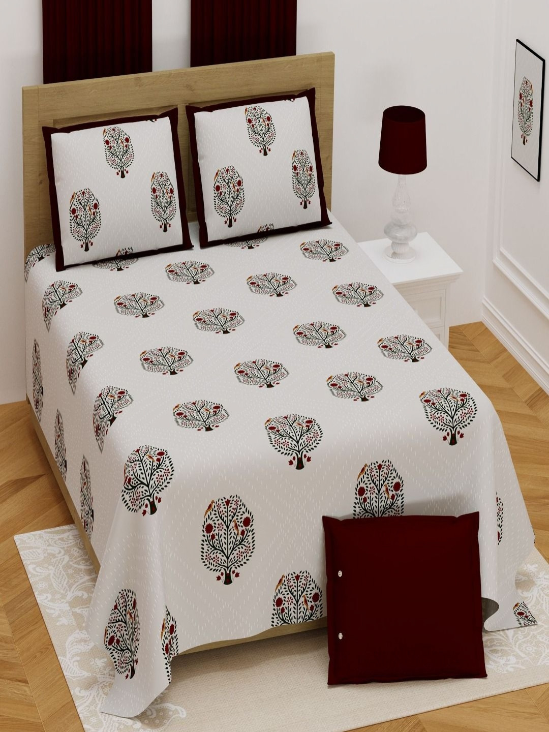 Myntra Elegant Homes Khatha Maroon Floral Pure Cotton 250 TC King Fine Bedsheet with 2 Pillow Covers-108 x 108 inches