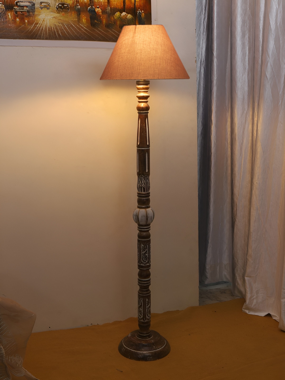 Devansh Grey & Brown Conical Open Snake Wooden Floor Lamp