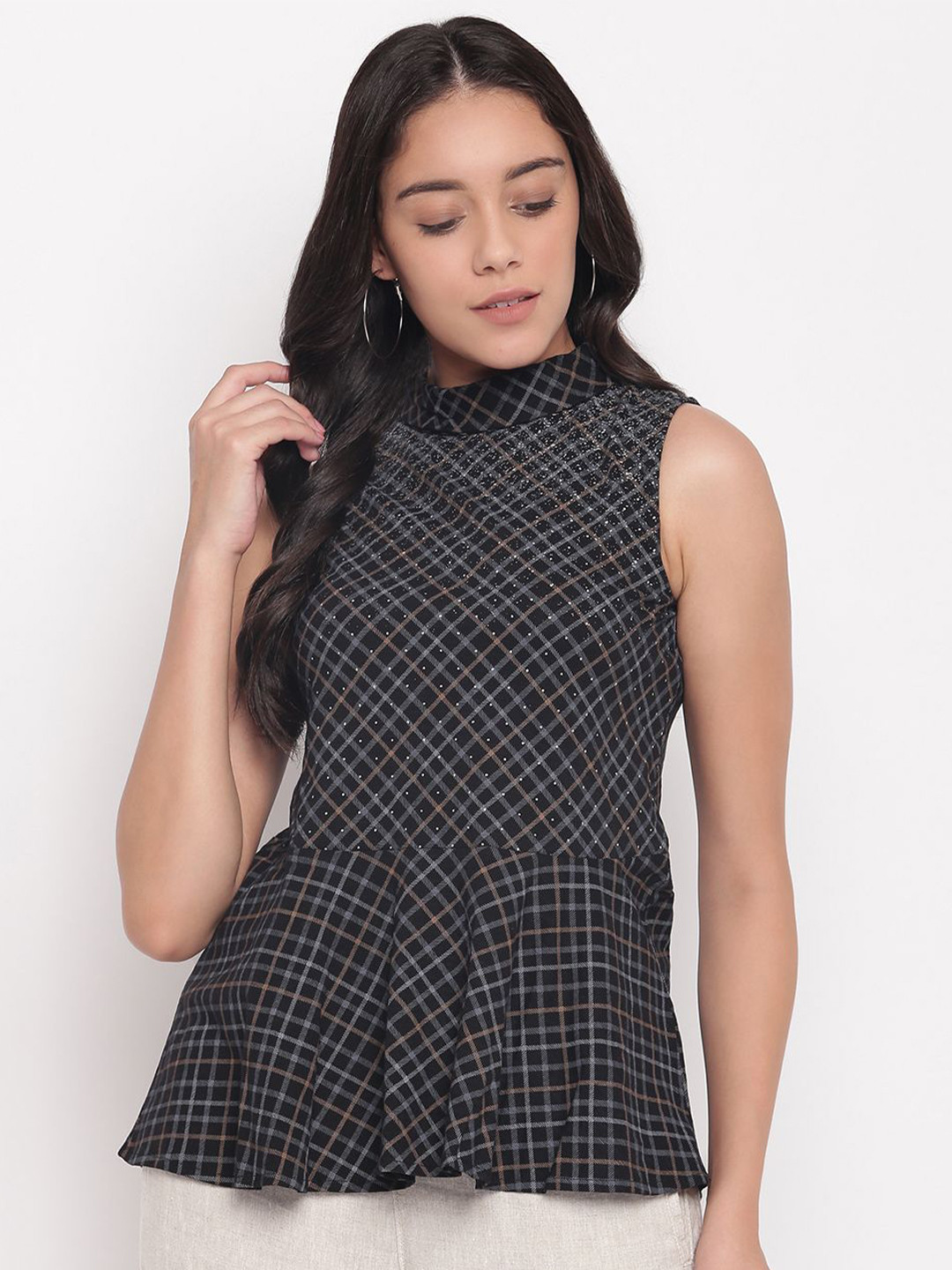 Miss Grace Print Mandarin Collar Peplum Top