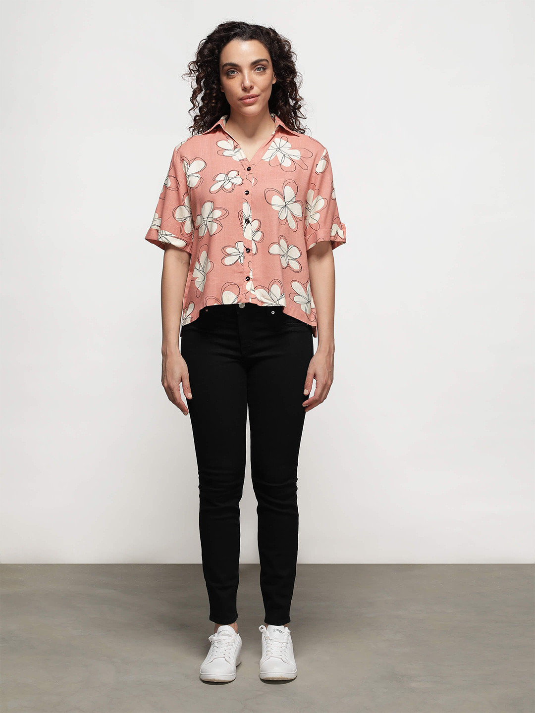 IDK Floral Print Roll-Up Sleeves Crepe Shirt Style Crop Top
