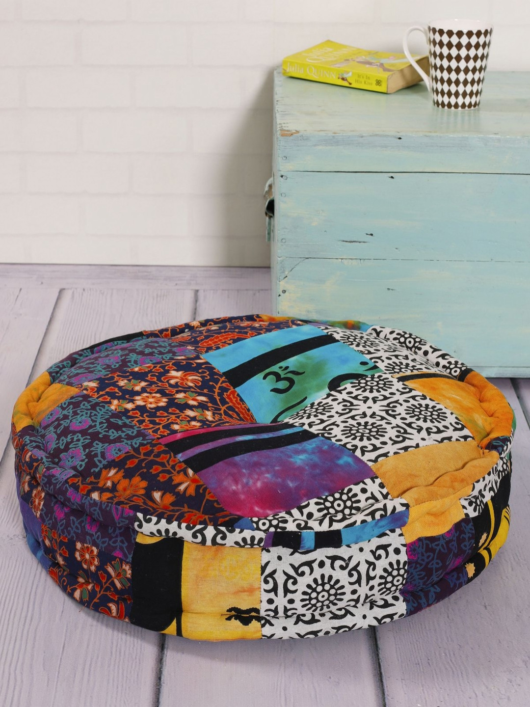HANDICRAFT PALACE Blue & White Printed Patchwork Round Pure Cotton Floor Cushion