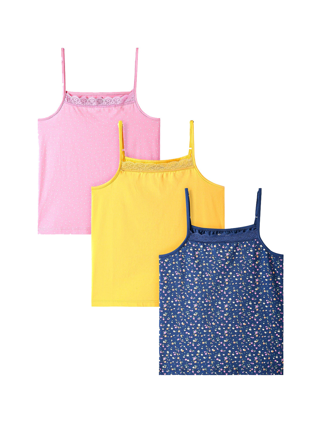 Honeyhap Girls Pack Of 3 Polka Dot & Floral Printed Sleeveless Knit Camisoles