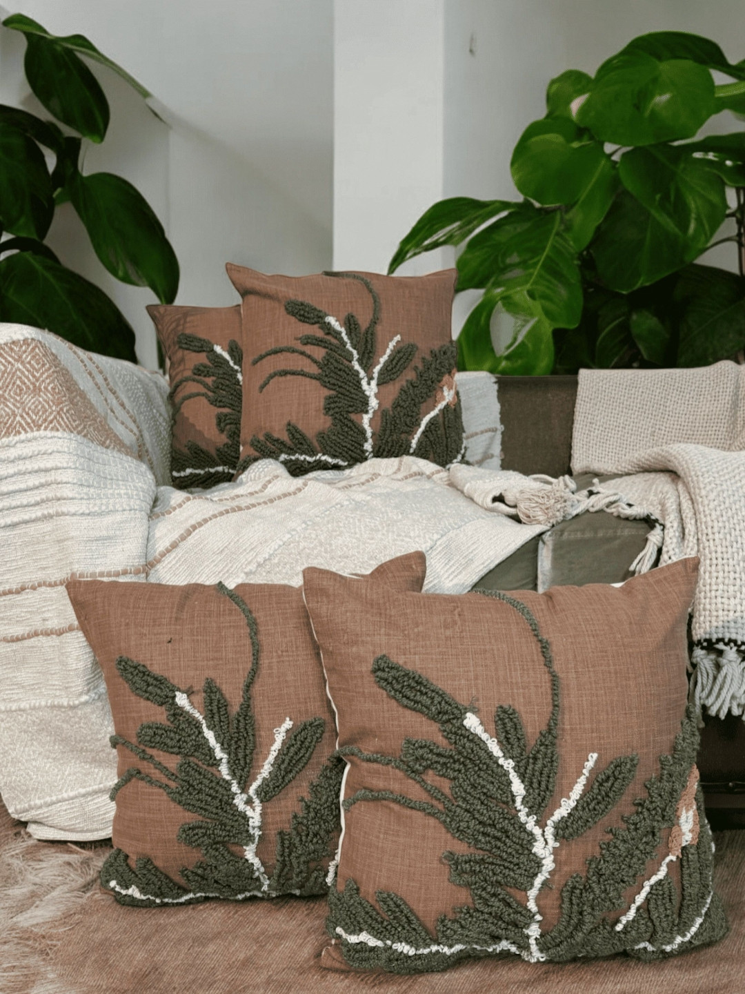 LUSHLYF High-Quality Brown Quirky Cotton 4 Pcs Embroidered Square Cushion Covers -18x18In