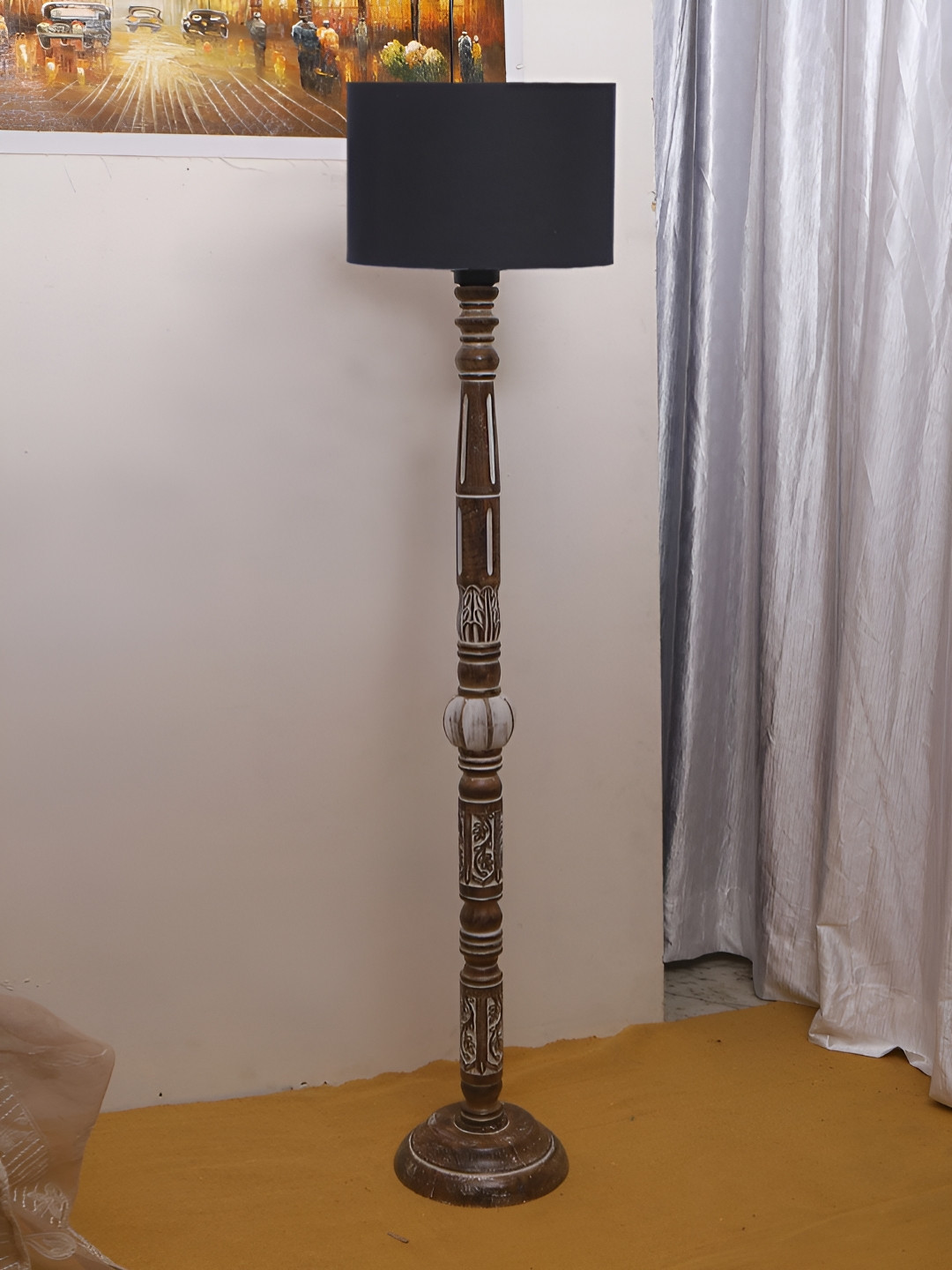 Devansh Black Drum Wooden Floor Lamp