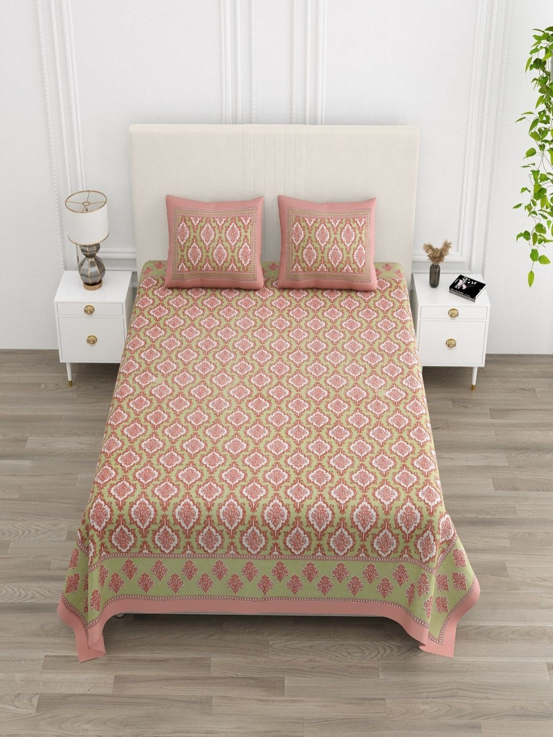 tundwal's Ultra Soft Green Ethnic Motifs Cotton 210 TC King Fine Bedsheet with 2 Pillow Covers-87 x 93 inches