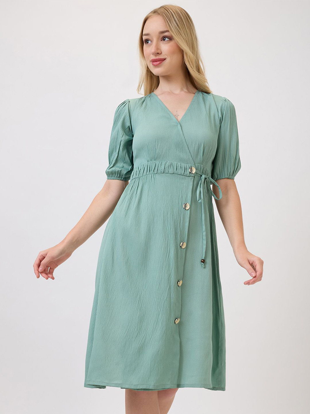 Amarasha Puff Sleeve Crepe Shirt Dress