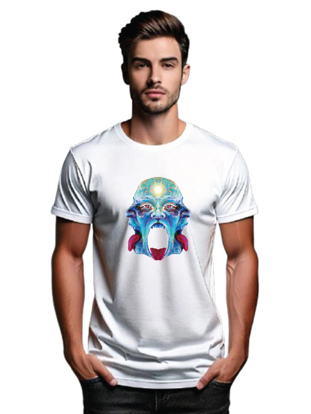 Tantra Tri Head Graphic Printed Round Neck Short Sleeves Cotton T-shirt
