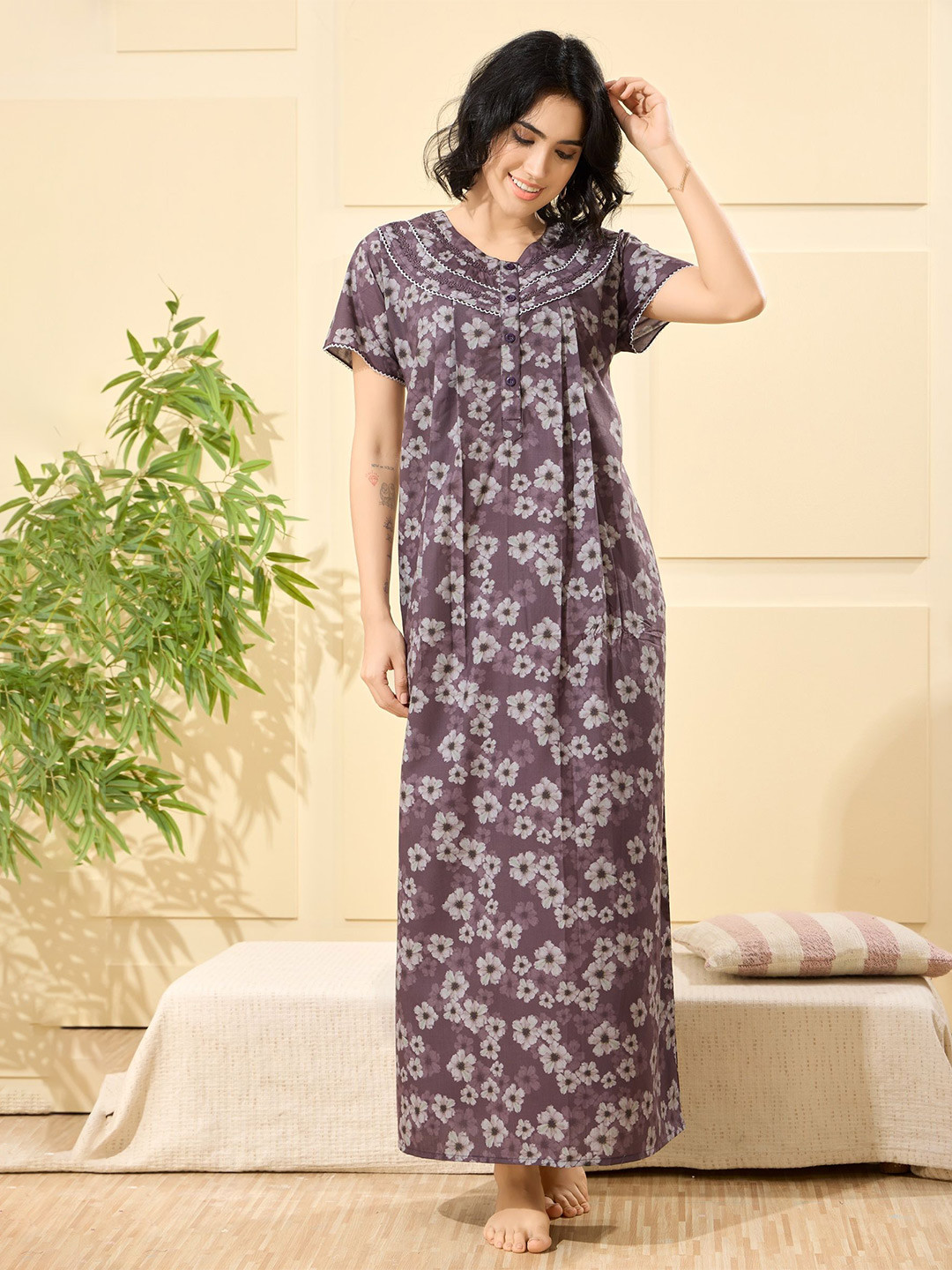 Glamoras Women Bizzy Lizzy Cotton Blend Printed Side Pocket Maxi Night Gown Nightdress