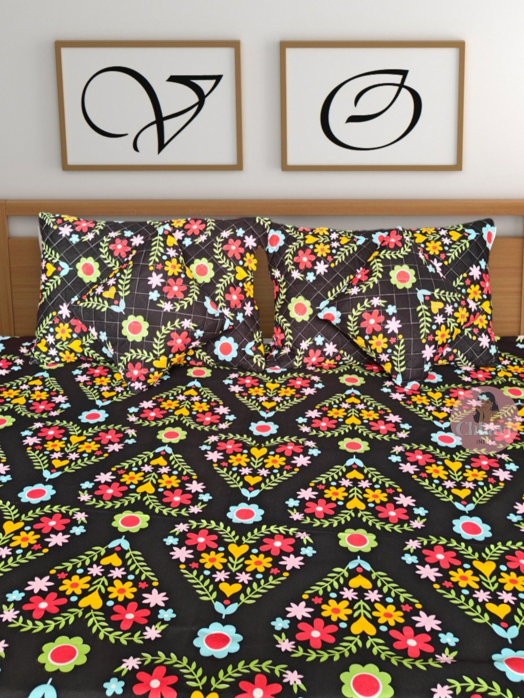 CG HOMES Black Floral Pure Cotton 180 TC Queen Fine Bedsheet with 2 Pillow Covers-98 x 89 inches