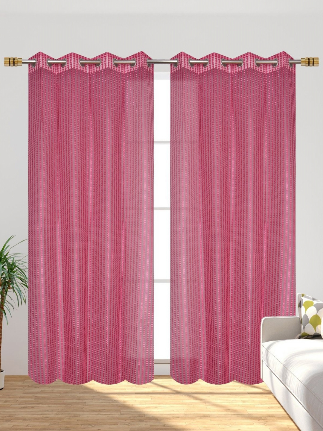Galaxy Home Decor Pink 2 Pieces Striped Transparent Net Window Curtains