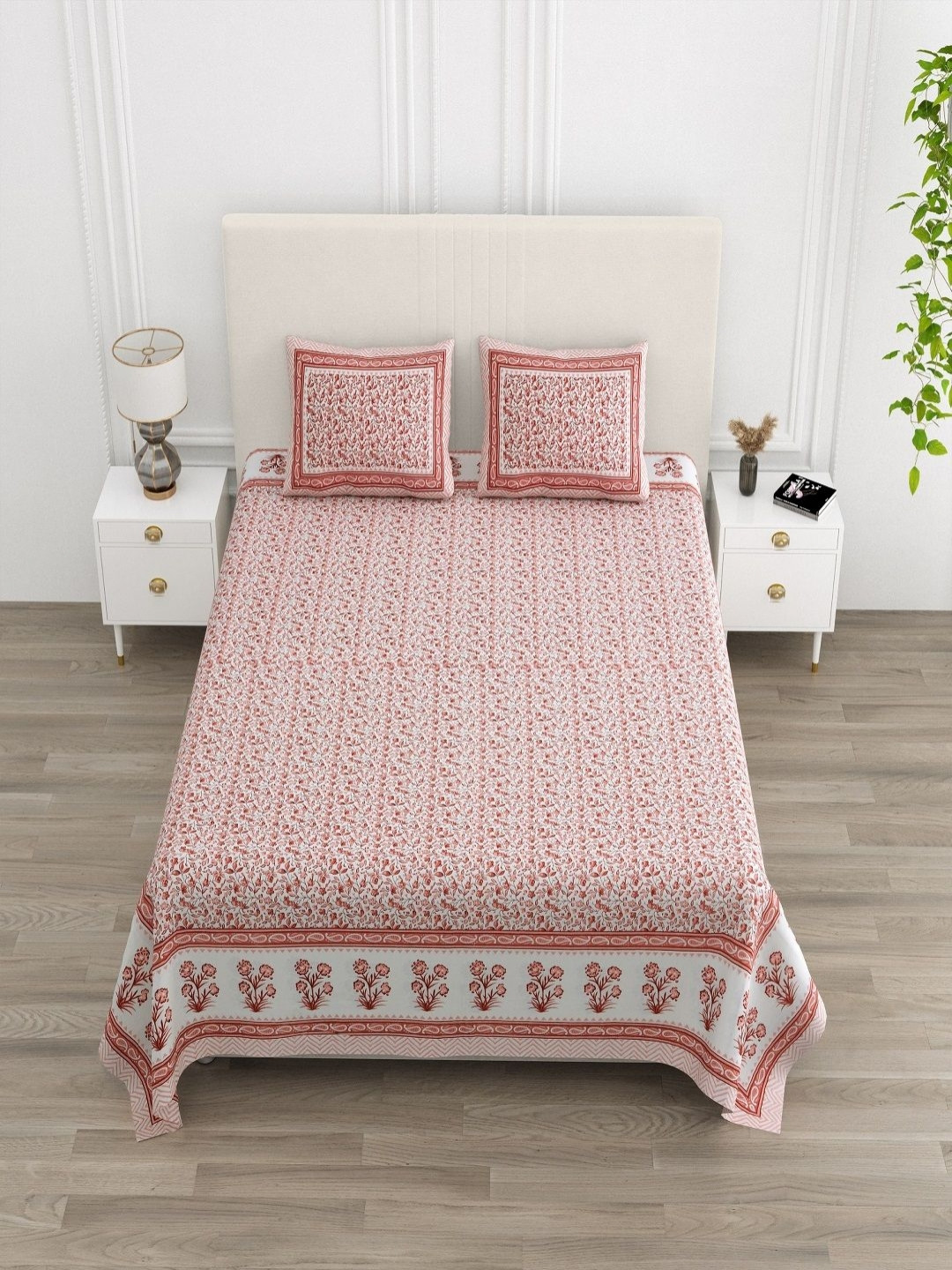 tundwal's Ultra Soft White Floral Cotton 210 TC King Fine Bedsheet with 2 Pillow Covers-108 x 90 inches
