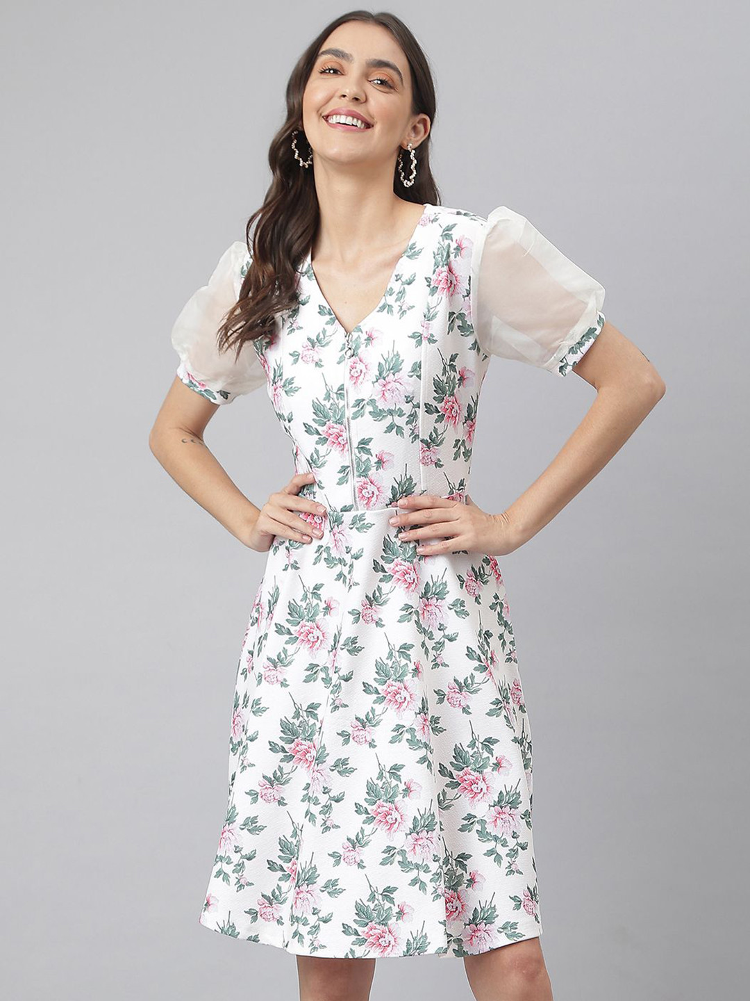 Miss Grace Floral Print Puff Sleeve A-Line Dress