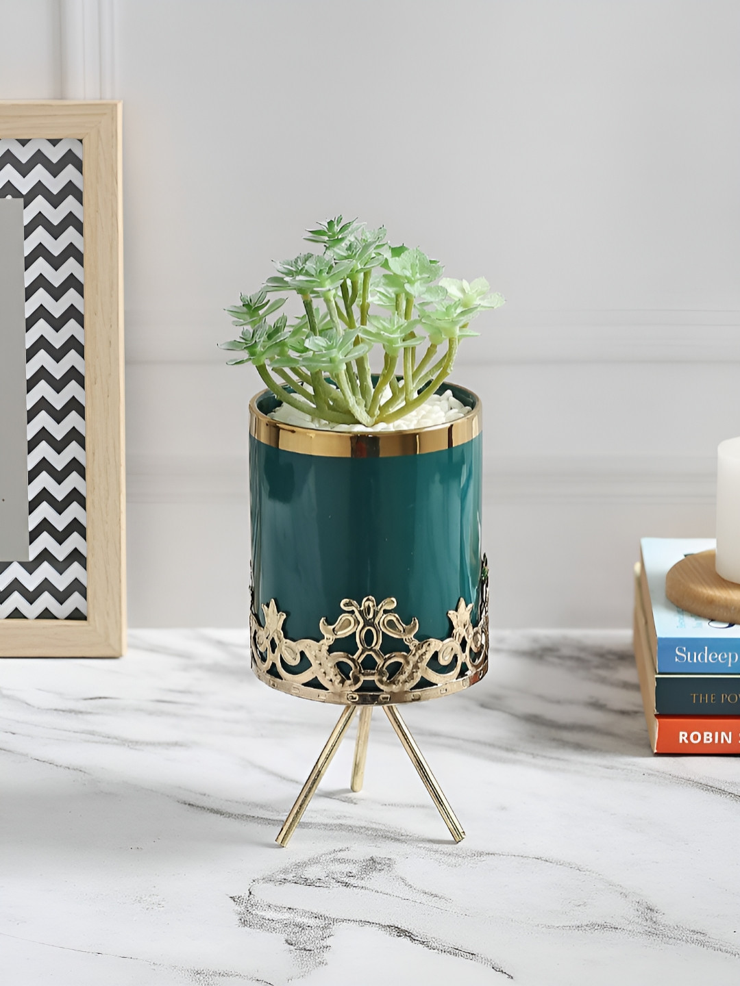 EarthCraft Green & Gold-Toned Succulent Artificial Plant with Tripod Stand