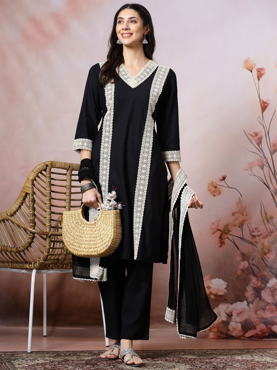 Nayam By Lakshita Embroidered Straight Kurta Palazzo Set With Dupatta