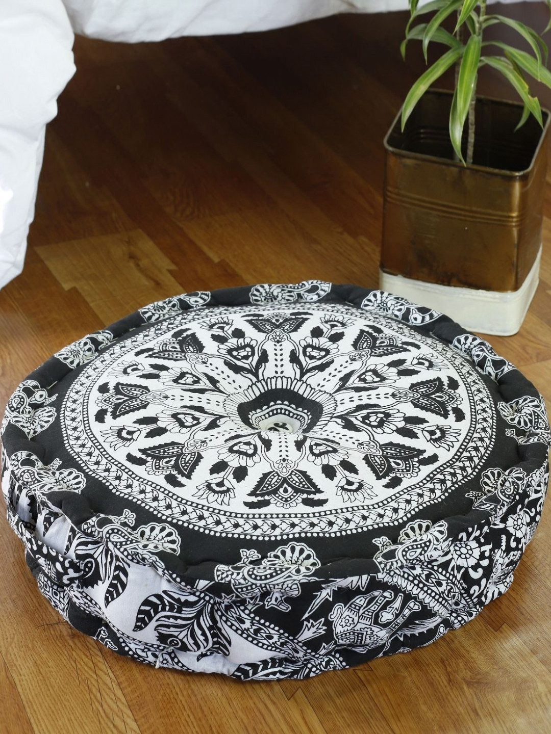HANDICRAFT PALACE Black & White Mandala Printed Round Pure Cotton Floor Cushion