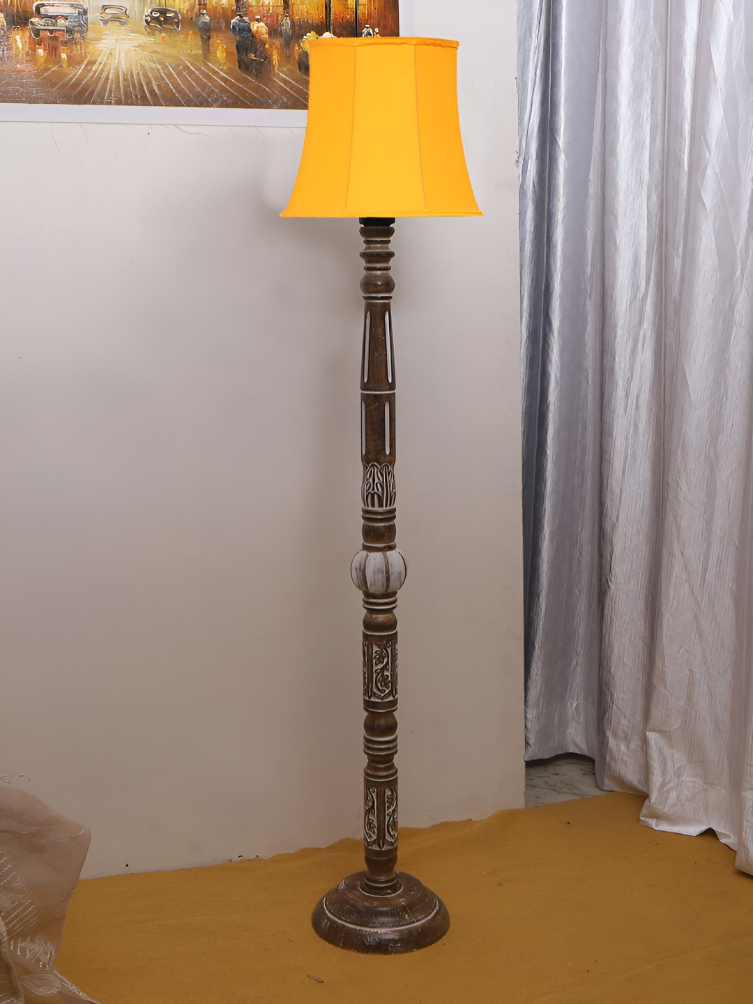 Devansh Yellow & Brown Conical Open Snake Wooden Floor Lamp