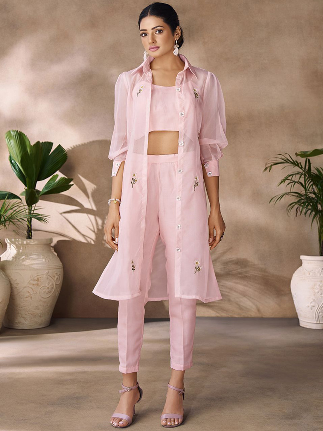 Fusionic Embroidered Crop Top & Trouser Co-Ord Set With Sheer Long Jacket