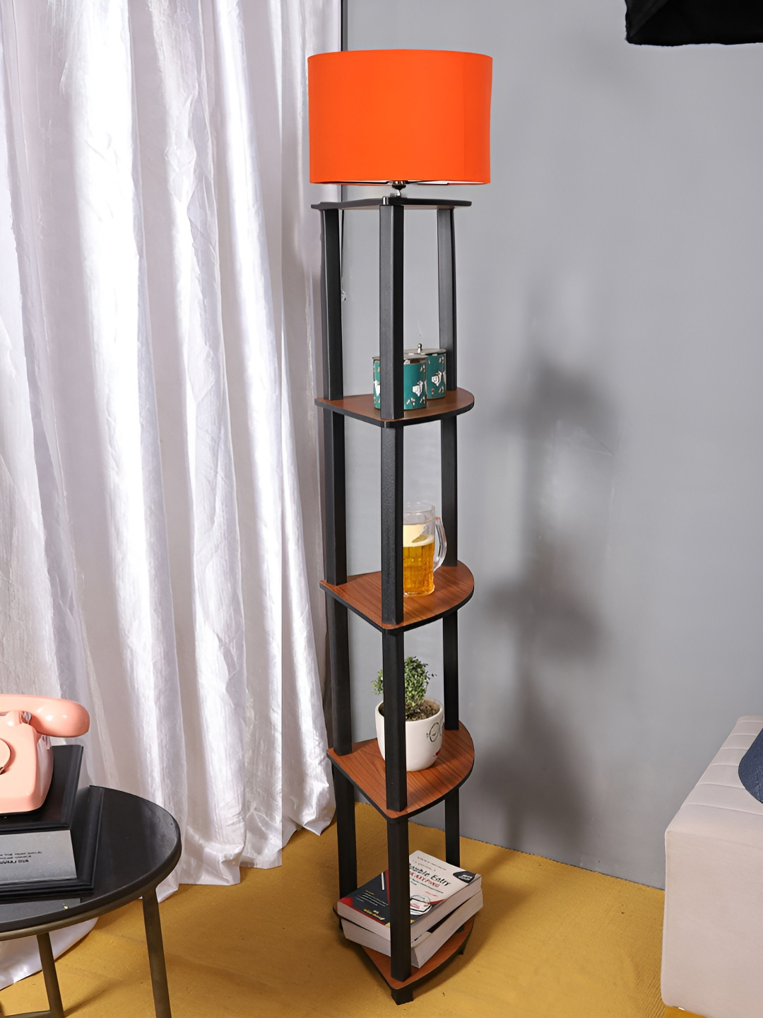 Devansh Orange Cotton Wooden Shelf Floor Lamp