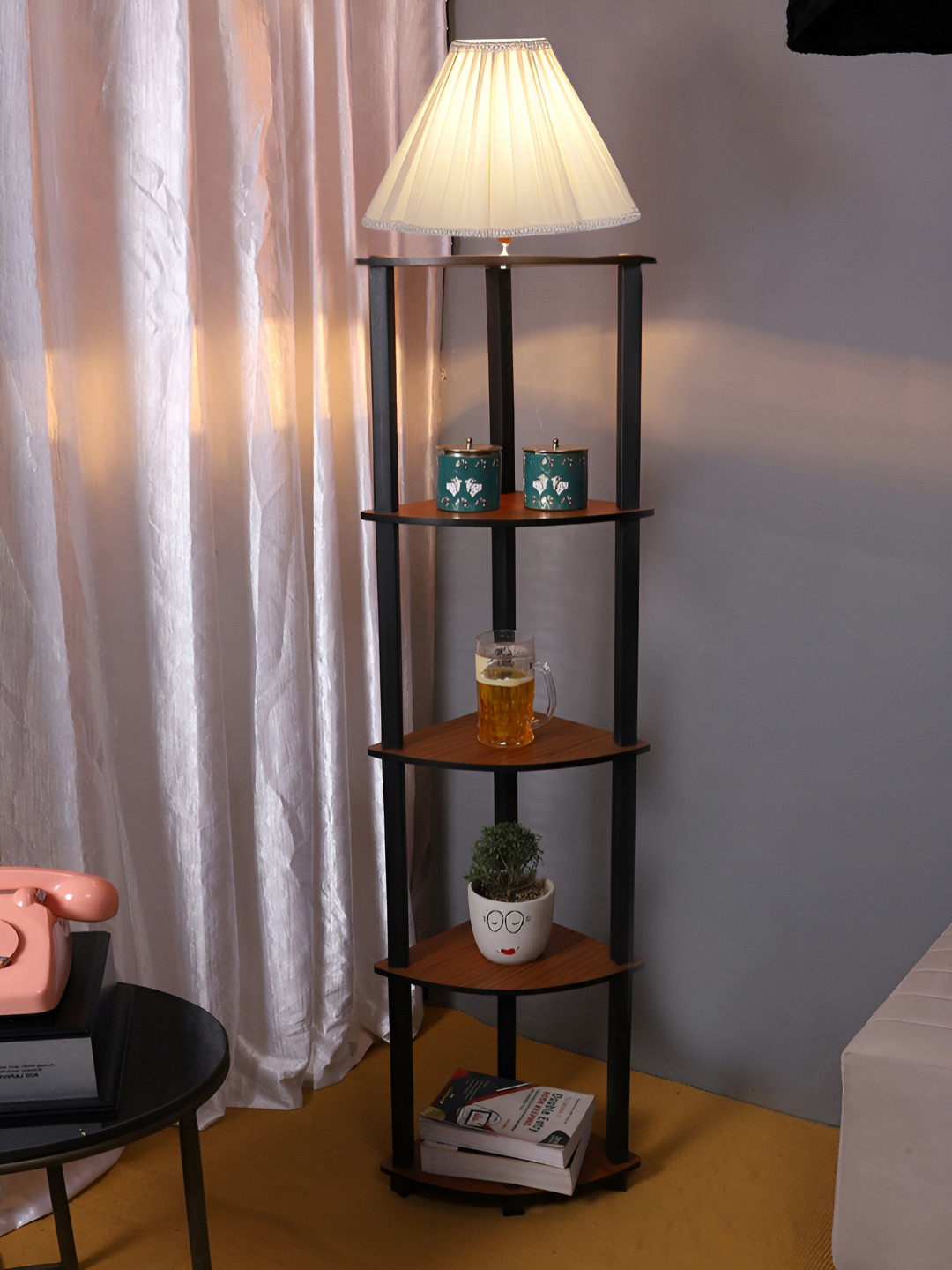 Devansh Off White Cotton Wooden Shelf Floor Lamp