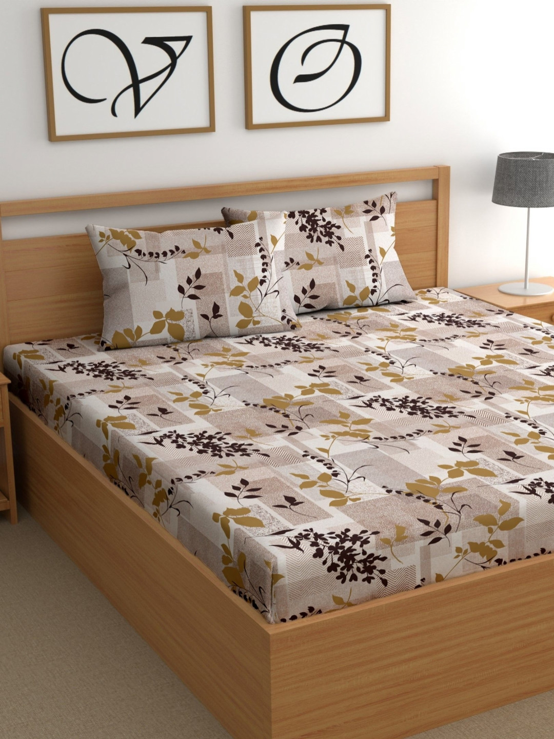 CG HOMES Beige Leaf Microfiber 210 TC Fitted King Fine Bedsheet with 2 Pillow Covers-78 x 72 inches